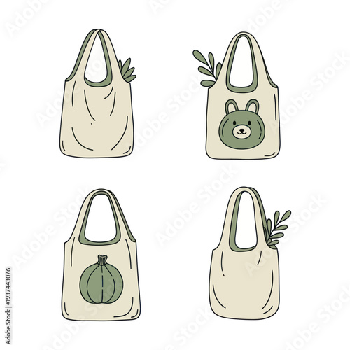 Set of four eco friendly reusable shopping bags with cute designs and greenery accents, perfect for sustainable lifestyle and grocery shopping