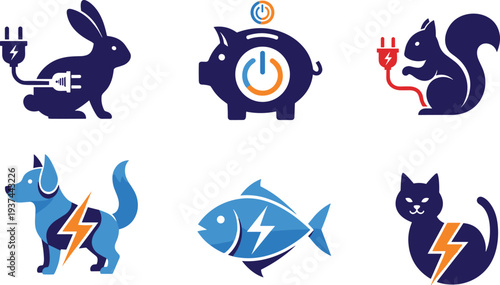 Energy power animal icons set including electric rabbit battery piggy bank squirrel dog fish and cat with lightning bolt symbols for technology vector design