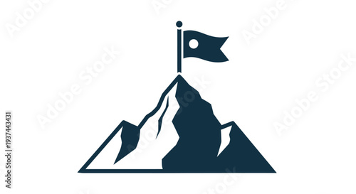 A dark silhouette of a mountain peak with a waving flag on top