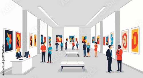 Diverse people viewing modern abstract paintings in a spacious art gallery exhibition. Vector illustration.