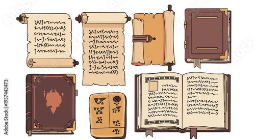 Vector set of ancient scrolls, medieval books, and mysterious manuscripts.