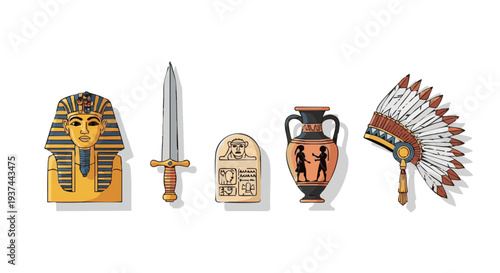 Vector illustration set of ancient artifacts from different world cultures