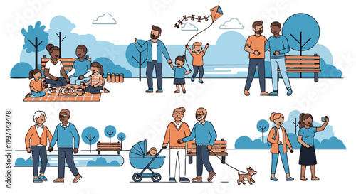 Diverse families and couples enjoying leisure activities in a city park. Vector illustration set.