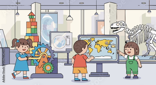 Children exploring interactive exhibits at a science and history museum vector illustration.
