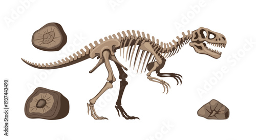 Prehistoric dinosaur skeleton and fossils, paleontology vector illustration isolated on white