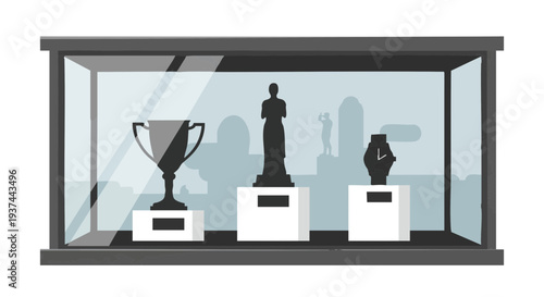 Museum display case with trophy, award statuette, and wristwatch. Vector illustration of a collection.