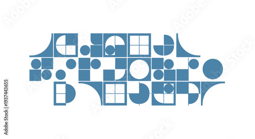 Abstract geometric composition featuring blue shapes on a white background