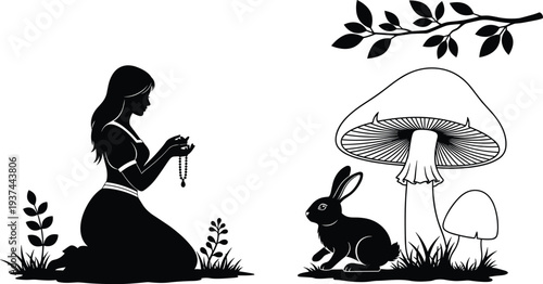 Spiritual Meditation Silhouette with Woman Praying, Nature Elements, Rabbit and Mushroom Illustration