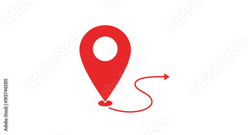 A red location pin with a curved arrow indicating direction