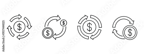 Four black and white dollar sign circular flow icons