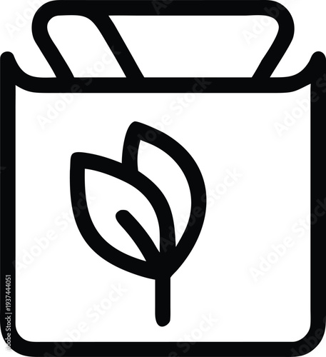A simplistic outline icon depicting a leaf placed inside an open shopping bag representing eco friendly products
