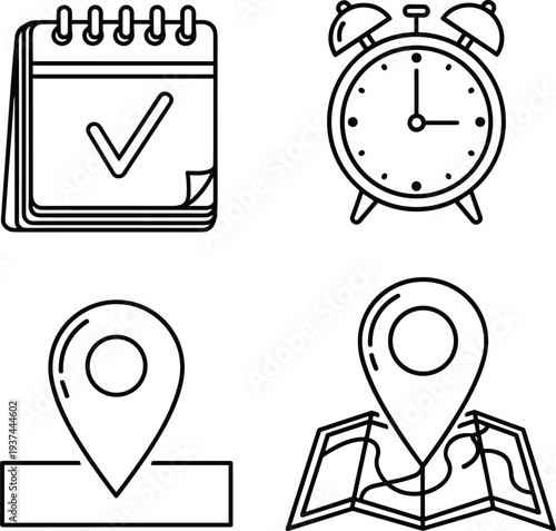 Time and Location Line Icon Set with Calendar, Alarm Clock, Map Pin and Navigation Map Vector Collection