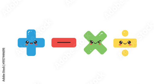 Cute mathematical symbols with faces addition subtraction multiplication and division