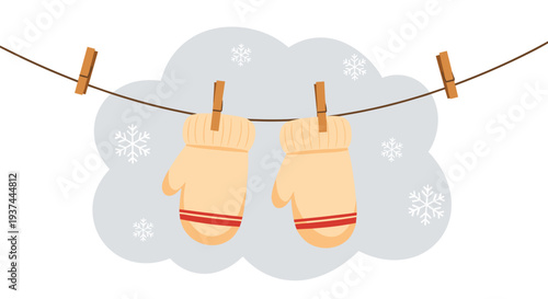 Beige knitted mittens with red stripes hanging on a rope with wooden clothespins, against the background of a gray cloud with snowflakes, flat vector illustration.