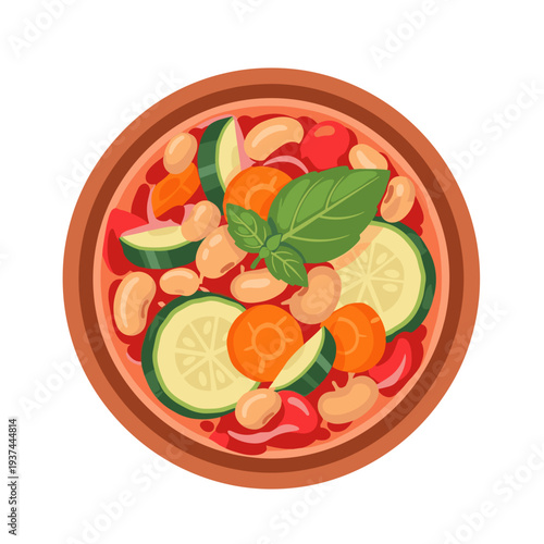 A bowl of minestrone soup with visible vegetables (zucchini, carrot, and bean pieces) and a basil leaf garnish. Flat design with an emphasis on healthy vegetables.