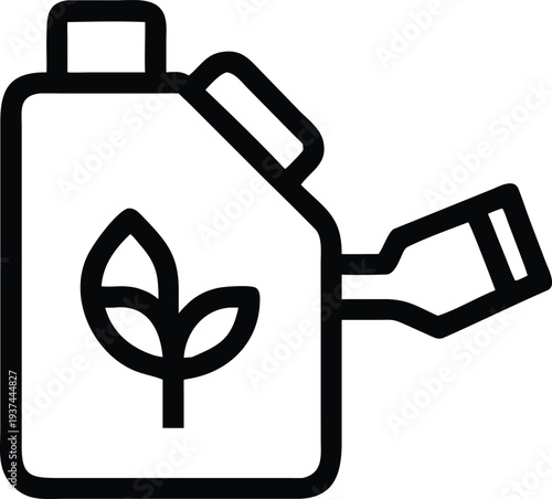 An outlined container resembling a watering can or fuel dispenser featuring a green leaf symbol