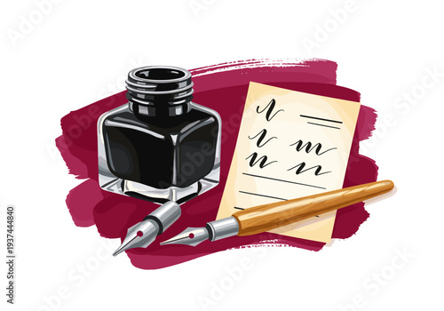 A calligraphy kit including a glass bottle of black ink, a wooden pen holder with metal tips, and a small sheet of practice paper.