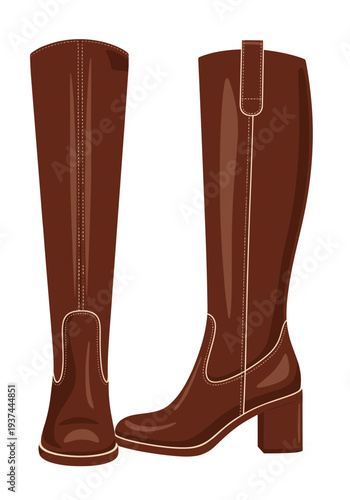 A pair of stylish brown knee-high boots, shown from the front and side, displayed side by side, as if in a display case. They feature a high shaft, round toe, and medium heel. Transparent background