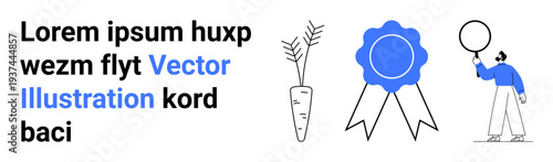 Carrot detail, award ribbon, and person with balloon alongside placeholder text. Ideal for education, awards, minimal design, agriculture, celebration themes, digital graphics simple landing page