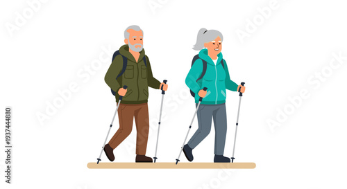 Elderly people with backpacks on a hiking trail practicing active recreation with trekking poles, wearing jackets, vector illustration in profile