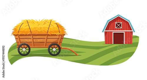 A cart loaded with hay, tied with thin ropes, stands on a rolling green field near a classic farm barn. Simple, flat graphics, cartoon style.