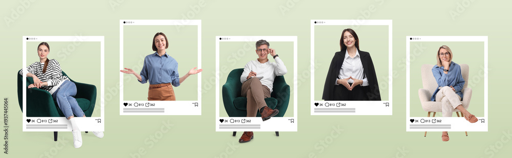 Fototapeta premium Bloggers in social media post frames on light green gradient background