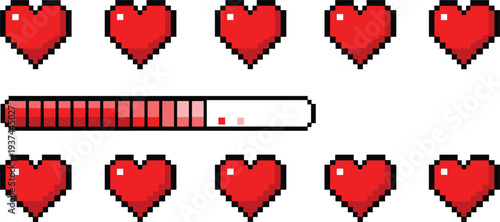 Pixel Heart Health Bar and Life Icons Set for Retro Video Games, Arcade UI Elements, Gaming Interface and Classic 8 Bit Design