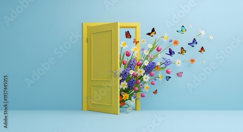Open yellow door with spring flowers and butterflies emerging against light blue wall