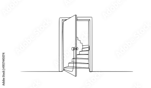 Minimal Continuous Line Door Opening to Staircase Growth Concept Vector Illustration