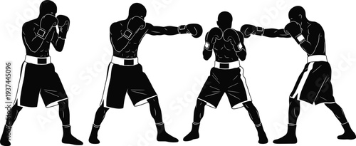 Professional Boxer Silhouette Vector Set Featuring Male Fighters in Boxing Stance Throwing Jabs and Sparring for Combat Sports Branding Gym Fitness and Martial Arts Design