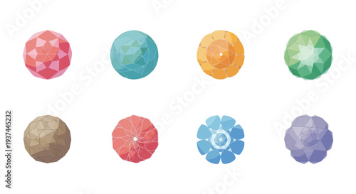 Abstract colorful low poly geometric spheres in pastel shades isolated on white background, perfect for digital design and modern art projects