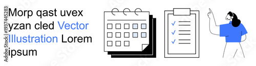 Productivity, task management, scheduling, organization, goal setting, checklist making. Calendar, clipboard with checkmarks and person pointing. Productivity and task management