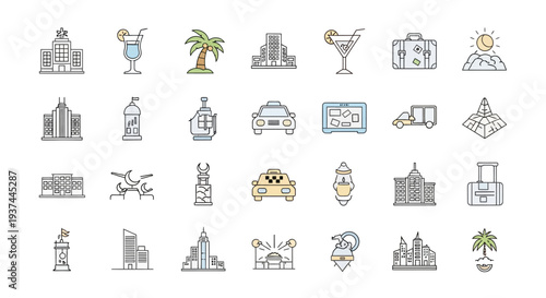 Collection of travel and tourism icons.
