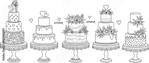 Wedding Cake Outline Collection with Romantic Toppers, Flowers and Decorative Dessert Designs for Marriage Celebration