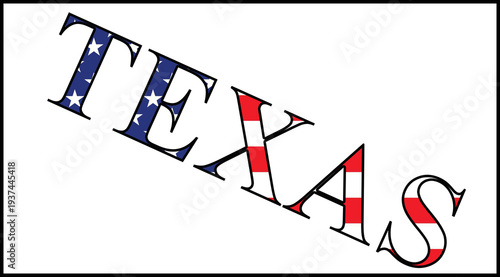 Texas text with American flag pattern representing patriotism, United States identity, and connection to the southern state.