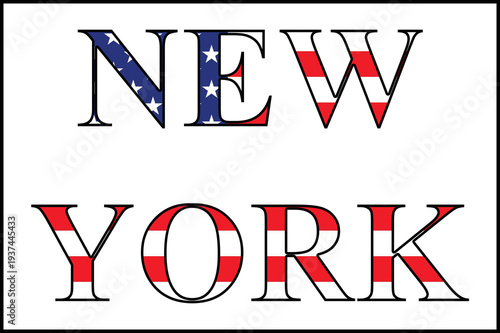 New York text filled with American flag pattern representing patriotism, United States identity, and connection to the famous northeastern state.