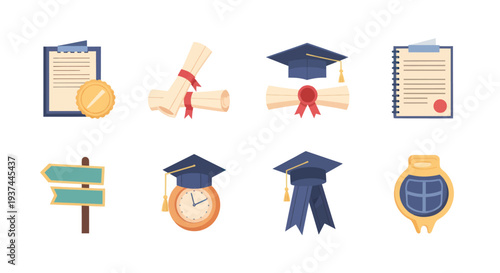 Education icons set with diploma, certificate, graduation cap, clock, and direction signs, suitable for academic and learning concepts
