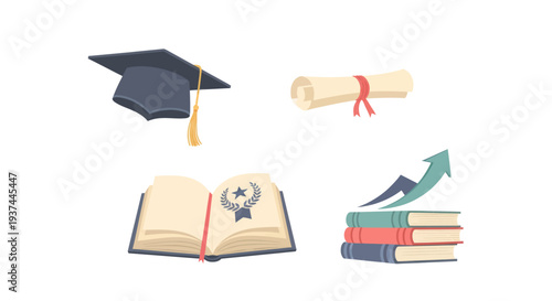 Education icons with graduation cap, diploma, open book with laurel and star, stacked books with upward arrow for academic success and achievement illustration