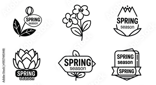 Black and white spring season floral icon set with flowers and leaves, line art design for seasonal branding and decoration