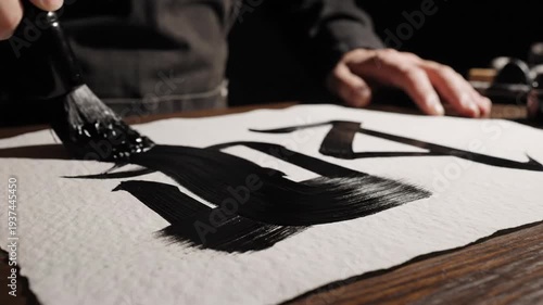 Artist creating ink calligraphy with a brush on paper, seen up close on a wooden surface in a dimly lit room
