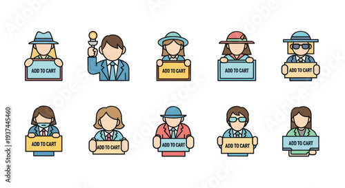 Businesspeople holding add to cart signs and trophy icons in flat outline style for e-commerce and online shopping concepts
