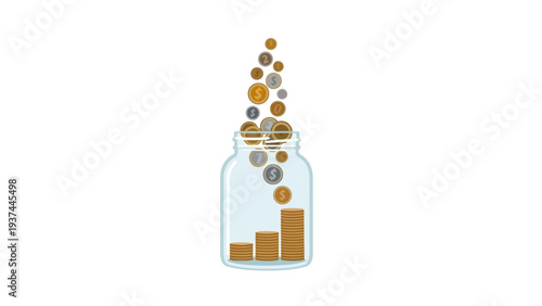 Coins Filling Glass Jar Illustration.