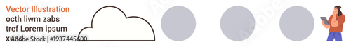 Weather, communication, workflow, minimalism, technology, and education. A cloud icon, three gray circular shapes and a person using a tablet. Weather and communication concept
