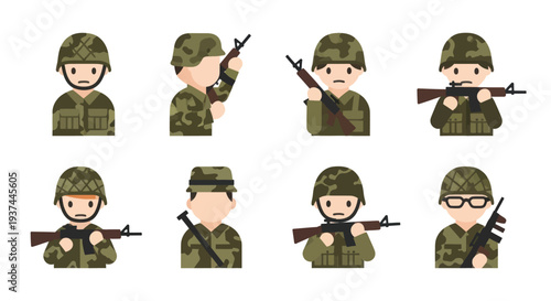 Set of cartoon soldiers with different rifles and camouflage uniforms, military avatars icons perfect for defense and army related projects