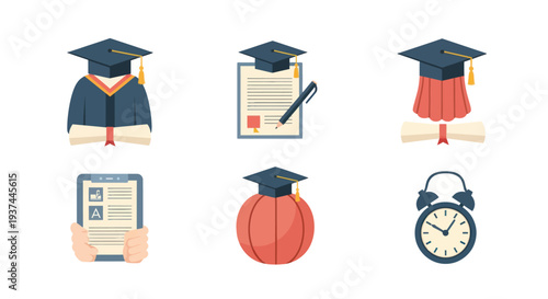 Education and graduation icons collection including graduate, diploma, certificate, digital learning, study, time management, and sports concept for student use