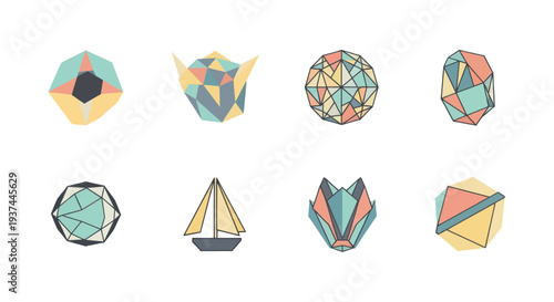 Set of colorful low poly geometric shapes and sailboat illustration with pastel colors for creative design projects and modern digital art