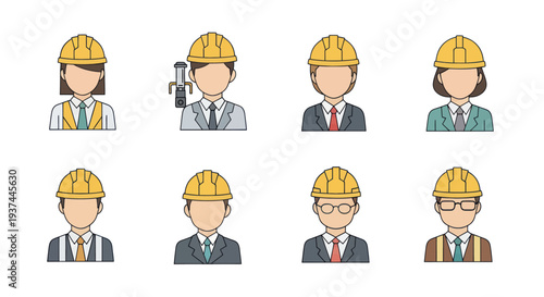 Set of construction engineer avatars wearing safety helmets and business attire, perfect for engineering and industrial project presentations