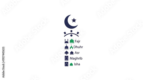 Islamic Prayer Times Symbols and Crescent Moon.