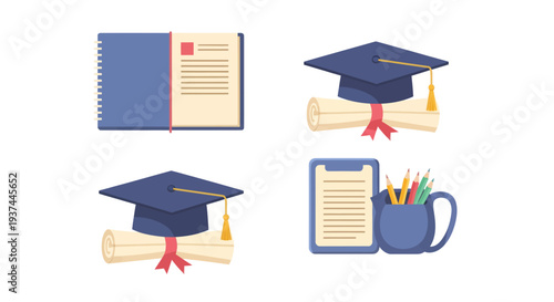 Education icons with graduation caps, diploma scrolls, notebook, tablet, and cup of colored pencils for learning and academic concepts