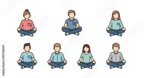 Set of diverse cartoon people in lotus meditation pose, mindfulness and relaxation concept illustration for wellness and mental health content